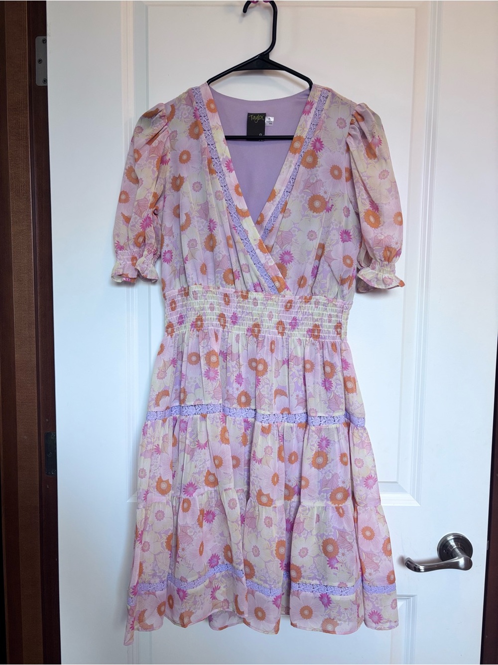 Taylor Lavender Floral Mini Dress with Orange Accents